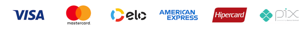 Bandeiras de pagamento aceitas: Visa, Mastercard, Elo, American Express, Hipercard e Pix